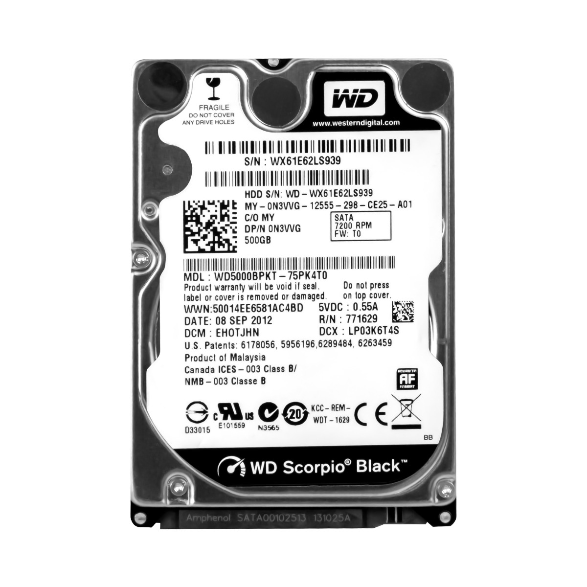DELL 0N3VVG 500 Go 7,2K 16 Mo SATA II 2,5'' WD5000BPKT