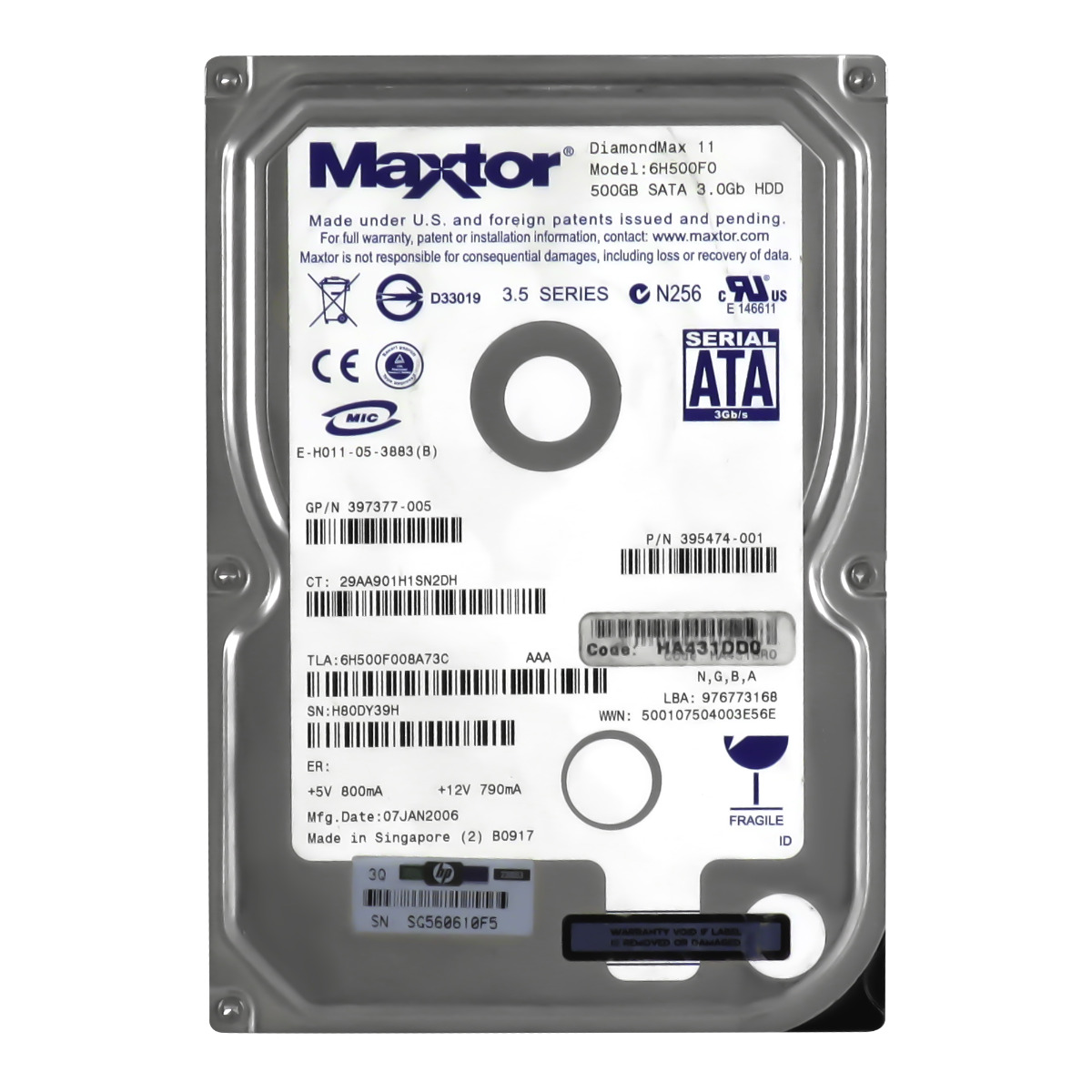 HP 395474-001 500GB 7.2K 16MB SATA II 3.5'' 6H500F0