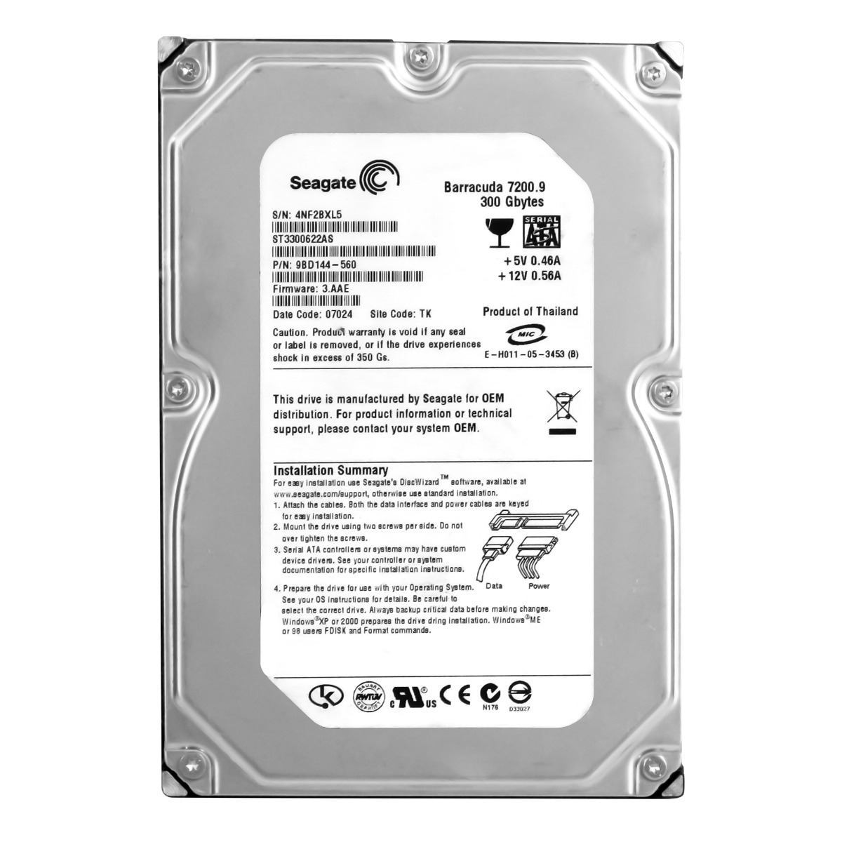 SEAGATE BARRACUDA 7200.9 300 Go 7,2K 16 Mo SATA II 3,5'' ST3300622AS