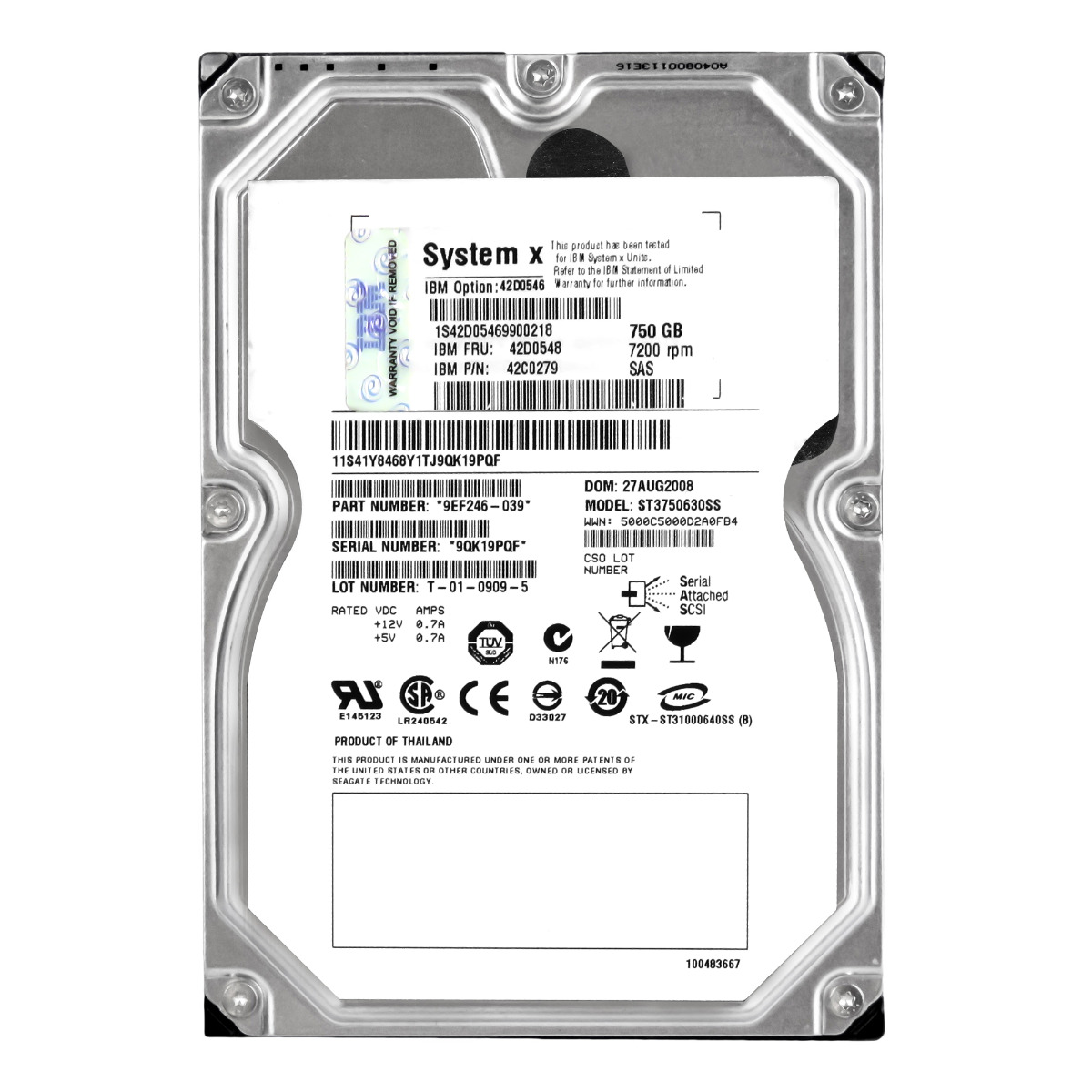 IBM 42D0548 42C0279 750 Go 7,2K 16 Mo SAS 3,5'' ST3750630SS