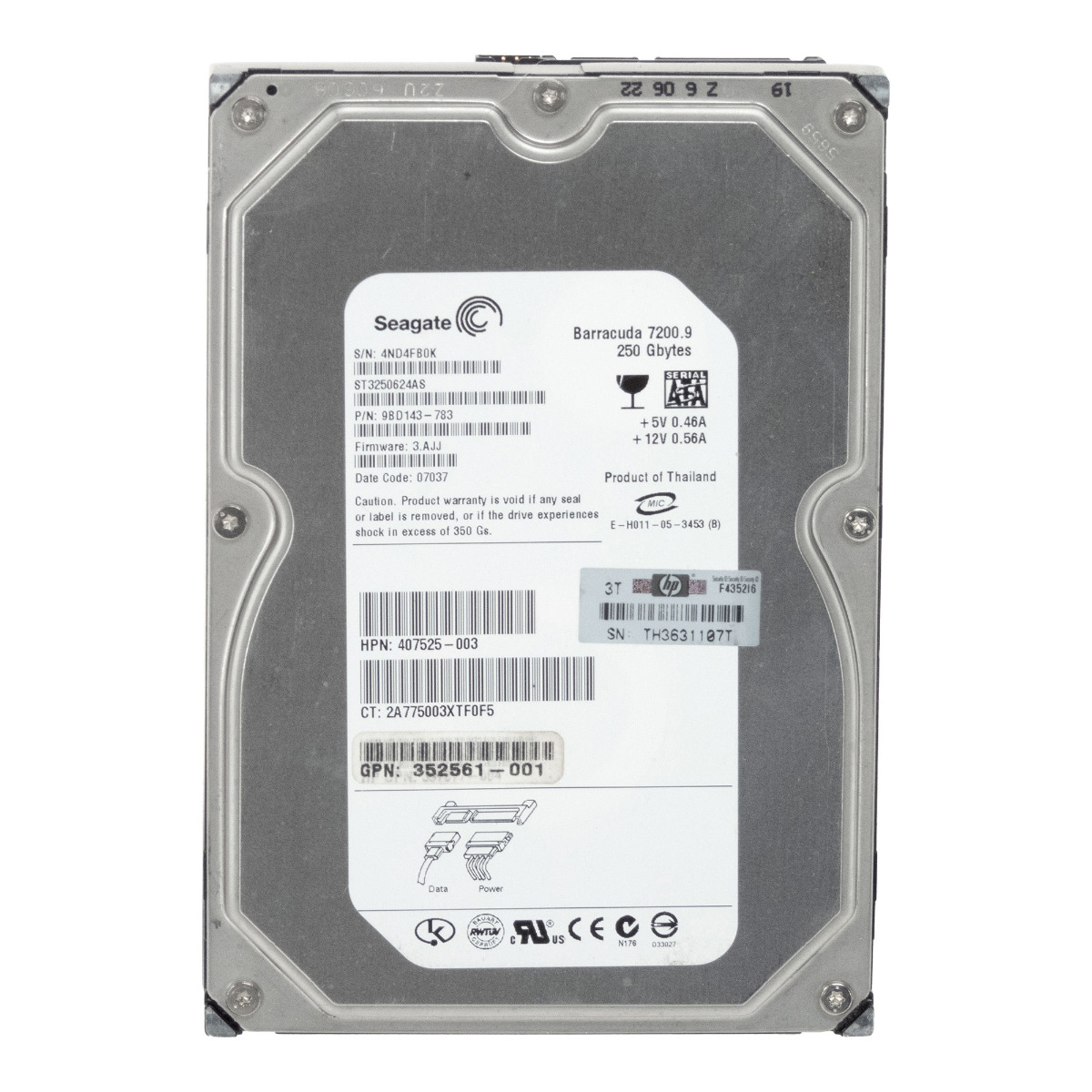 Disque dur HP 407525-003 250 Go 7,2K 16 Mo SATA II 3,5" ST3250624AS