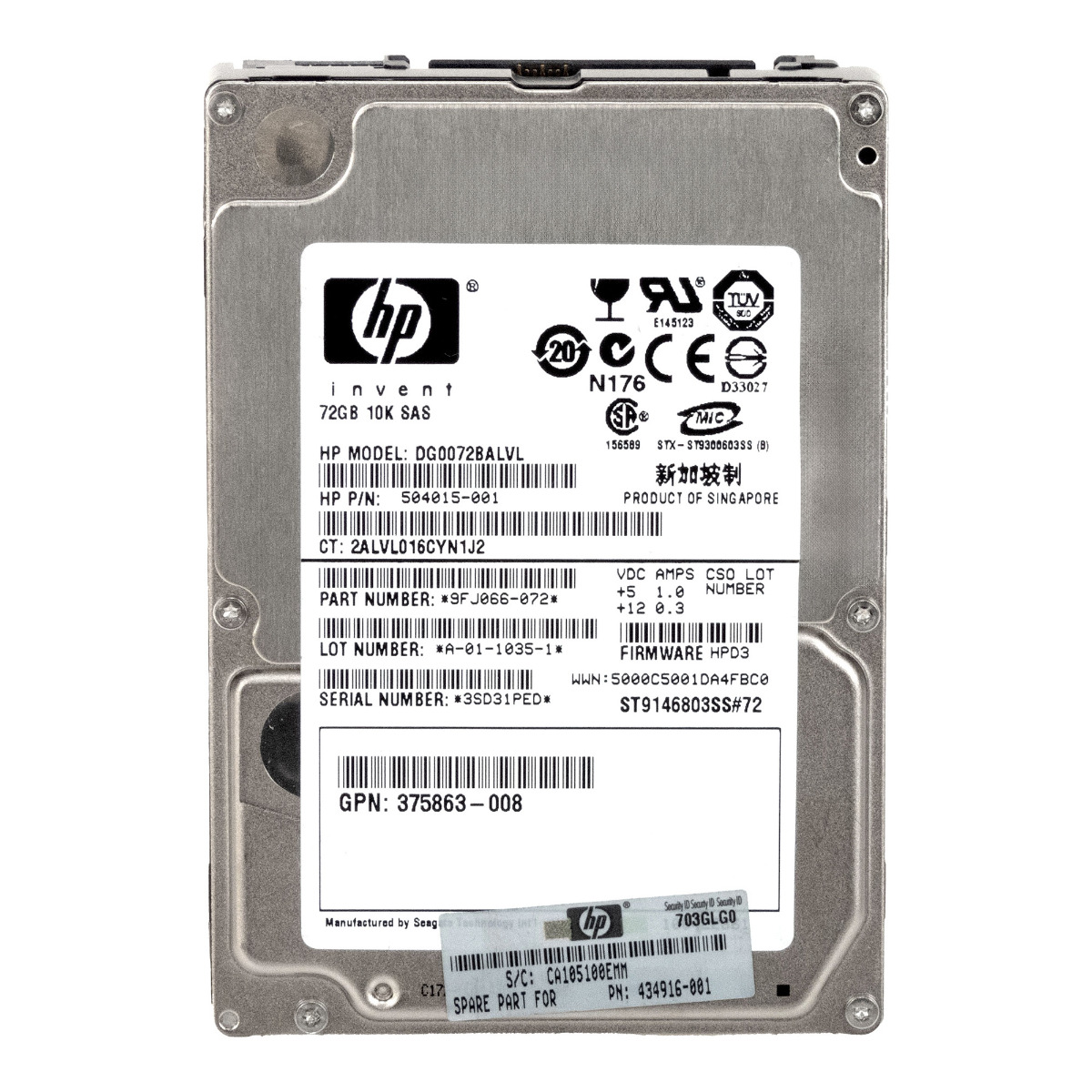 HP 504015-001 72 Go 10K SAS 2,5'' DG0072BALVL