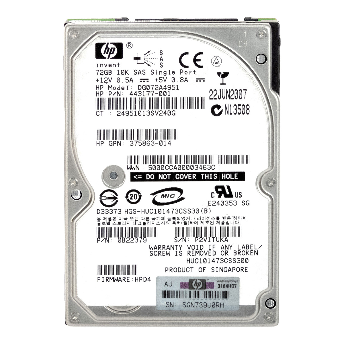 HP 443177-001 72GB 10K SAS 2.5'' DG072A4951