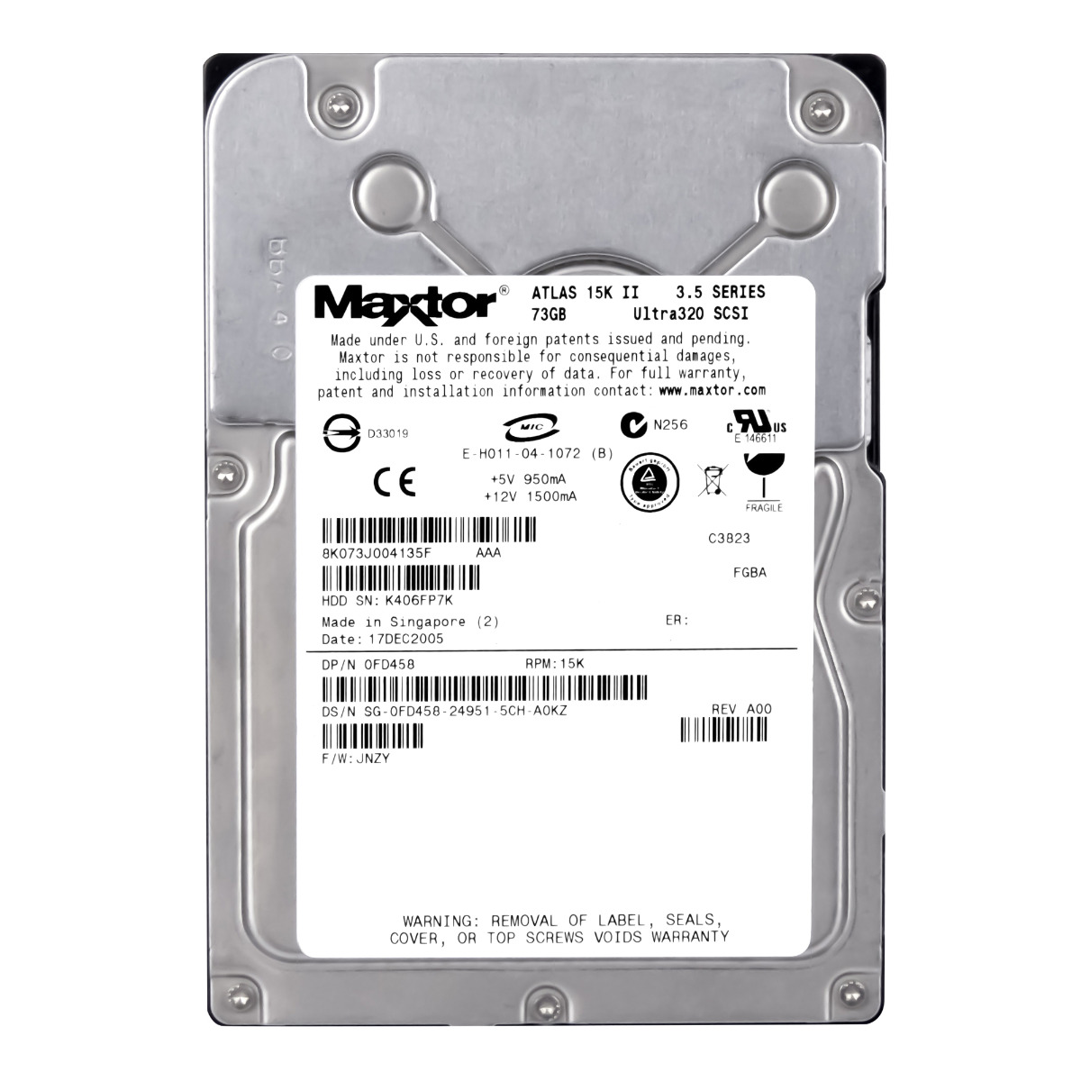 DELL 0FD458 73 Go 15K 8 Mo SCSI U320 3,5'' 8K073J0