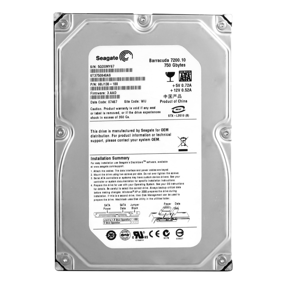 SEAGATE Barracuda ST3750840AS 750 Go 7,2K 8 Mo SATA II 3,5''