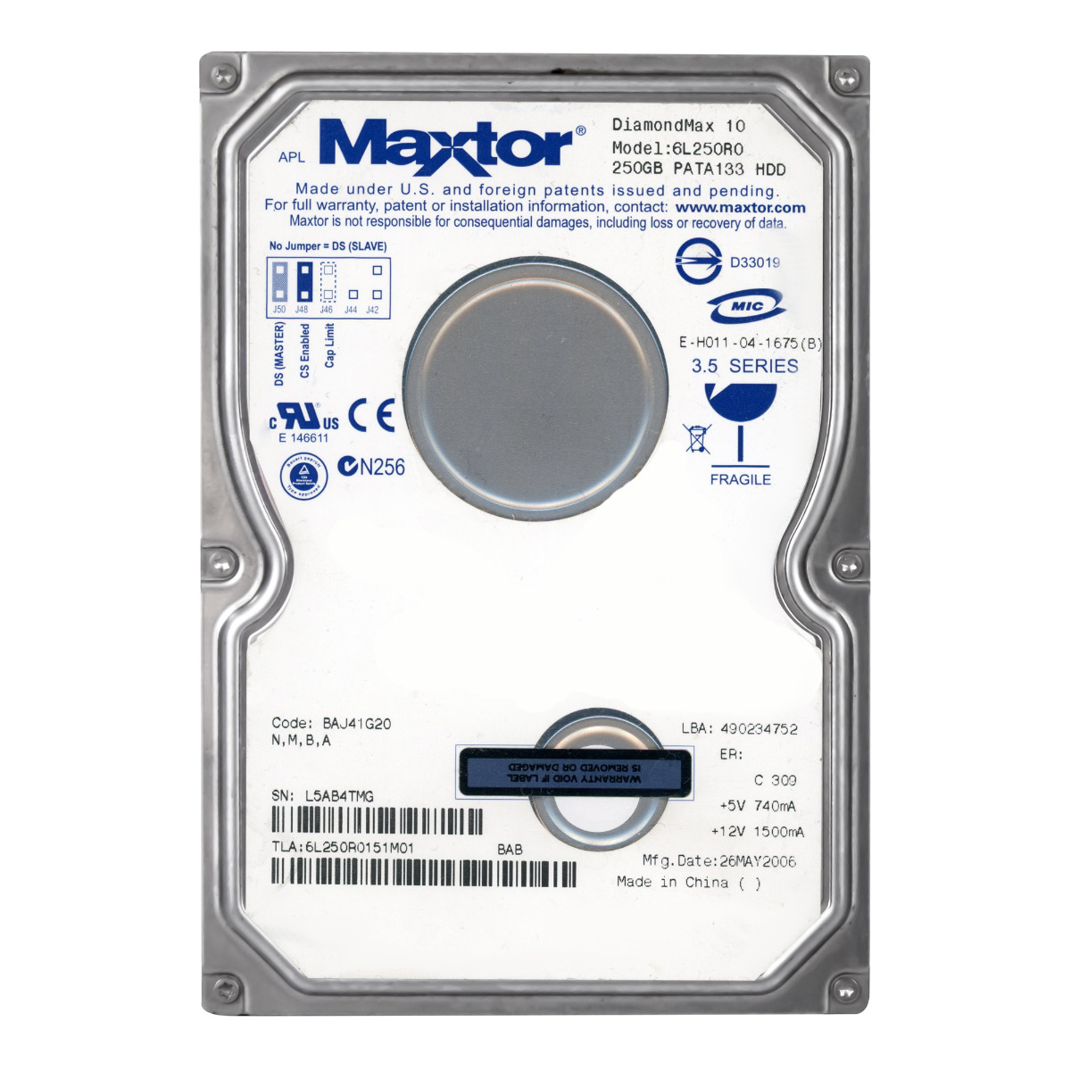 MAXTOR DiamondMax 10 250 Go 7,2K 16 Mo ATA 3,5'' 6L250R0