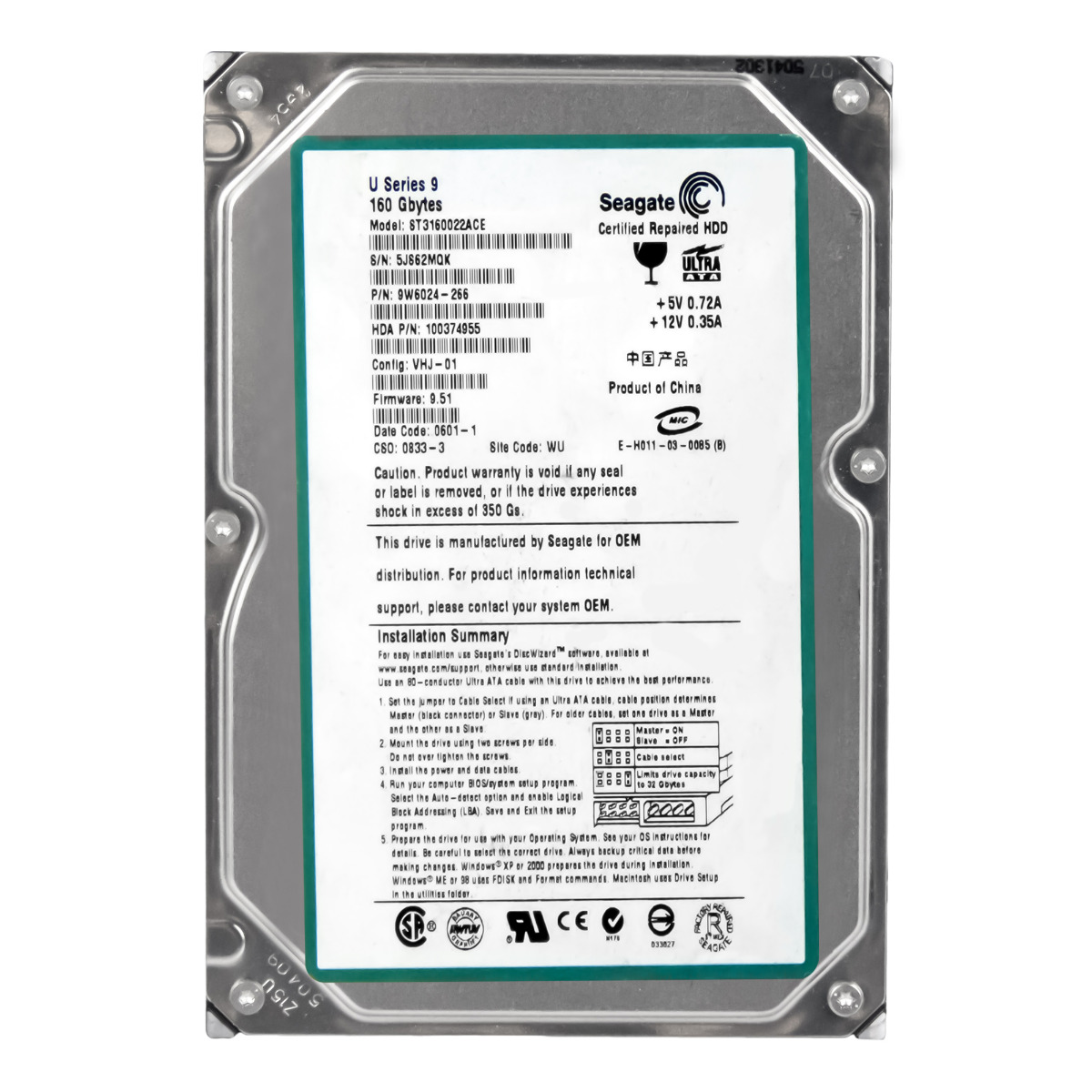 SEAGATE U Series 9 160 Go 5,4K 2 Mo ATA 3,5'' ST3160022ACE (Reconditionné)