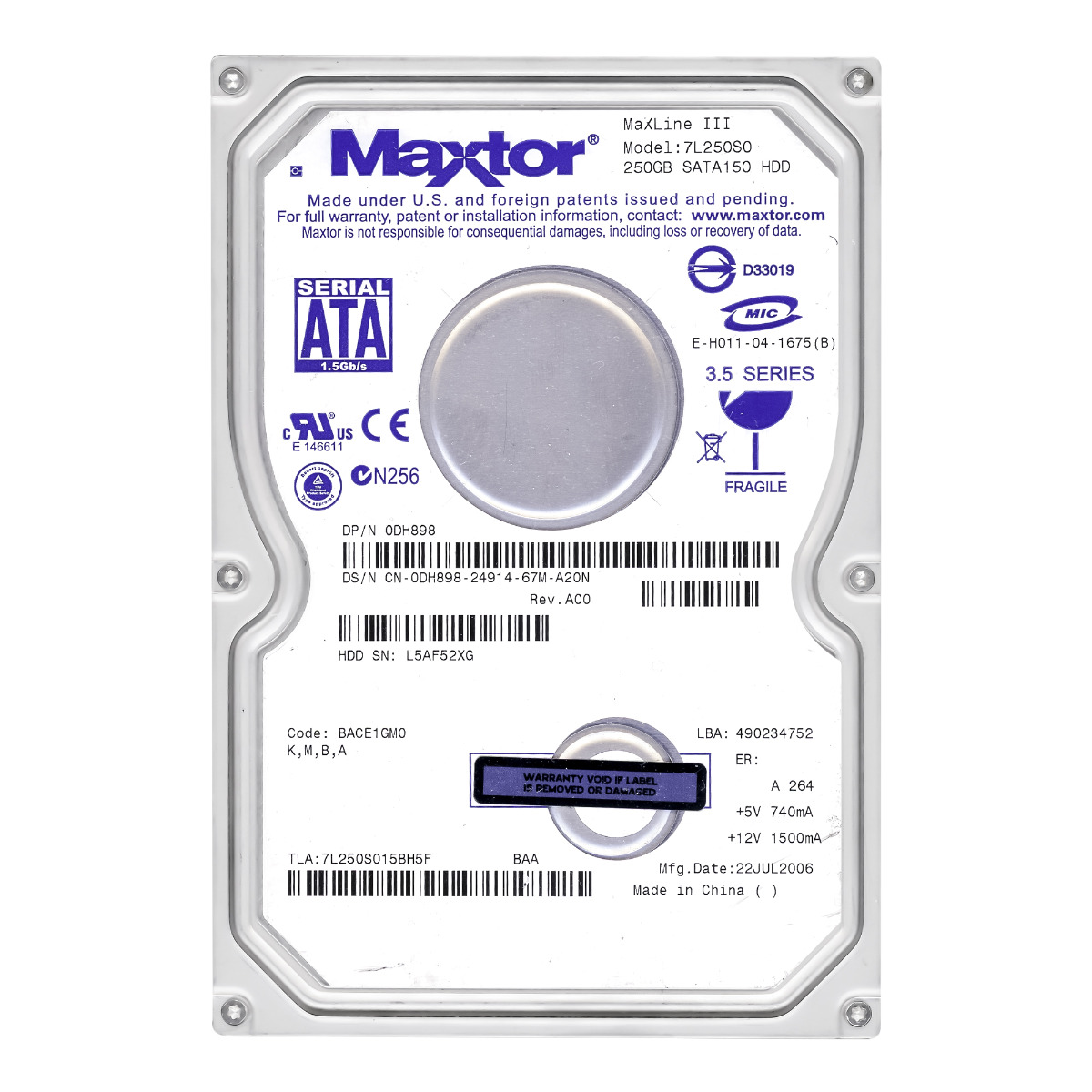 MAXTOR MaXLine III 250 Go 7,2K 16 Mo SATA 3,5'' 7L250S0