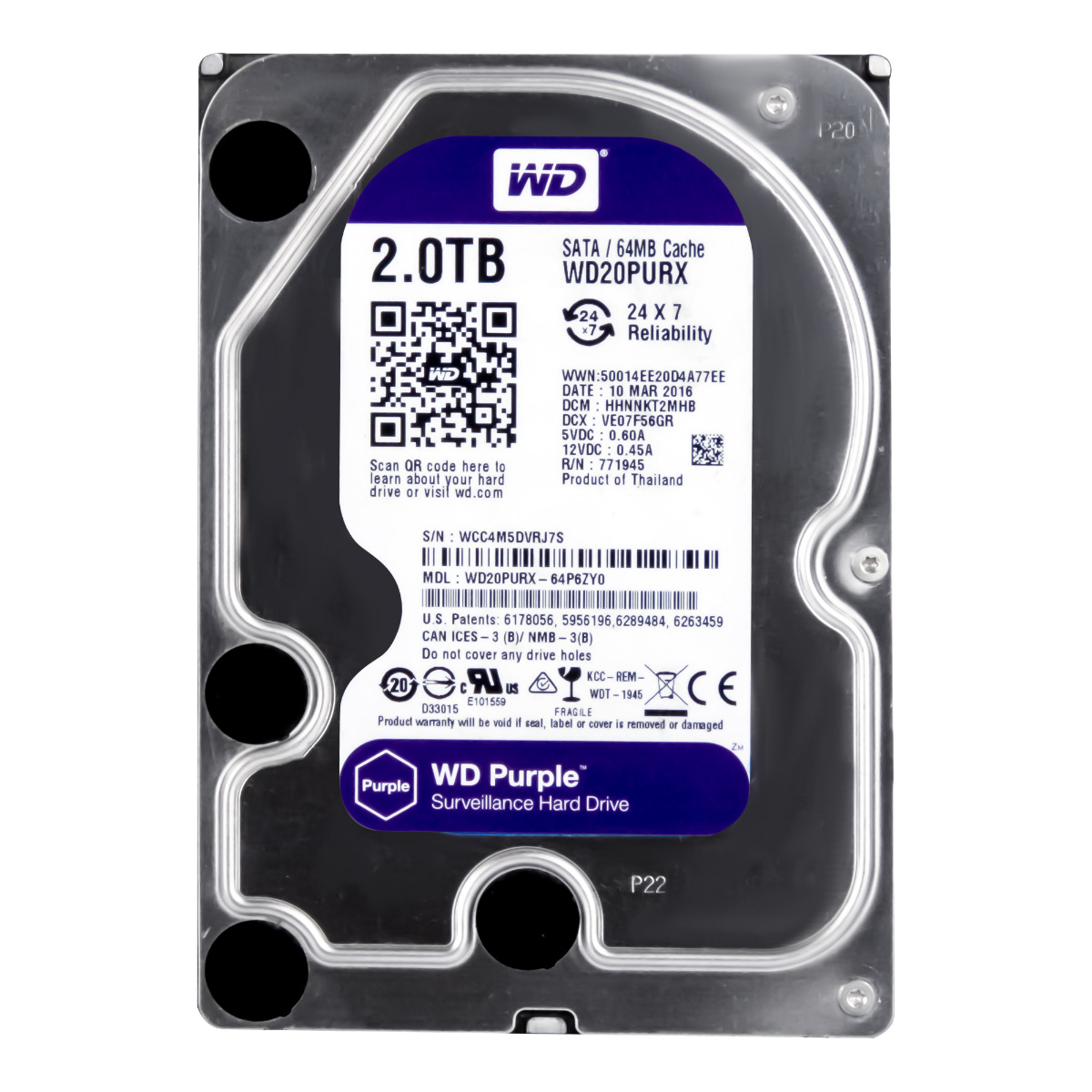 WD PURPLE 2 To SATA III 5,4K 64 Mo 3,5'' WD20PURX