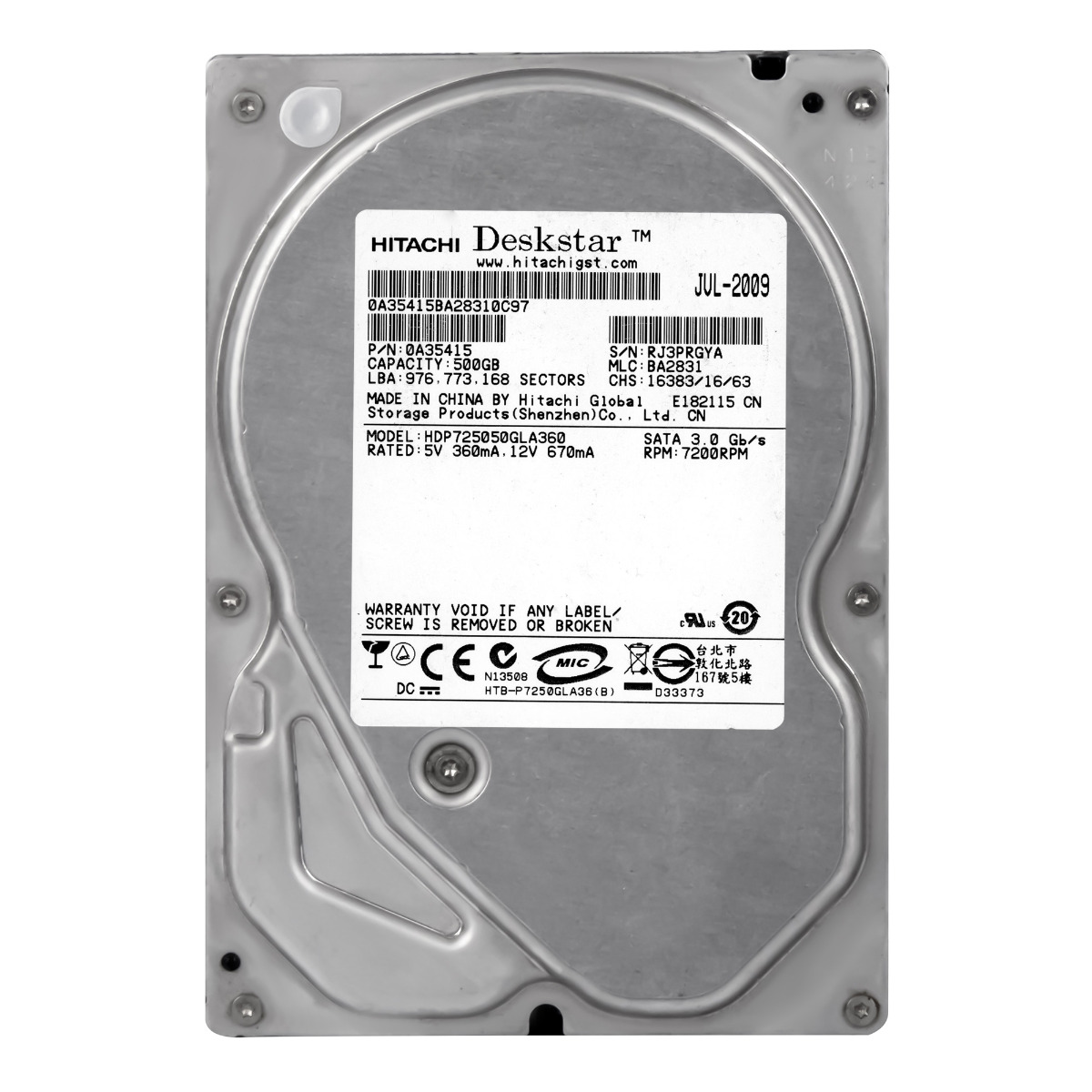 HITACHI DeskStar P7K500 500 Go 7 200 tr/min 16 Mo SATA II 3,5'' HDP725050GLA360