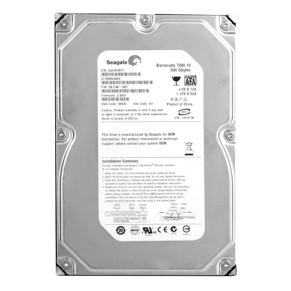 SEAGATE Barracuda 7200.10 500 Go 7 200 tr/min SATA II 3,5'' ST3500630AS