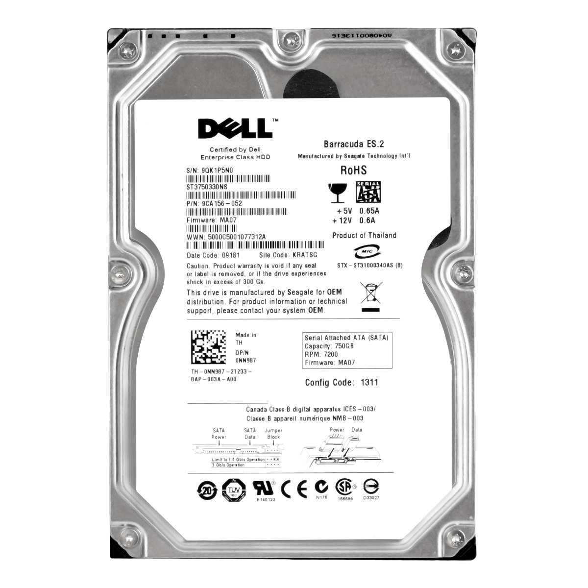 DELL 0NN987 750 Go 7,2K 32 Mo SATA II 3,5'' ST3750330NS