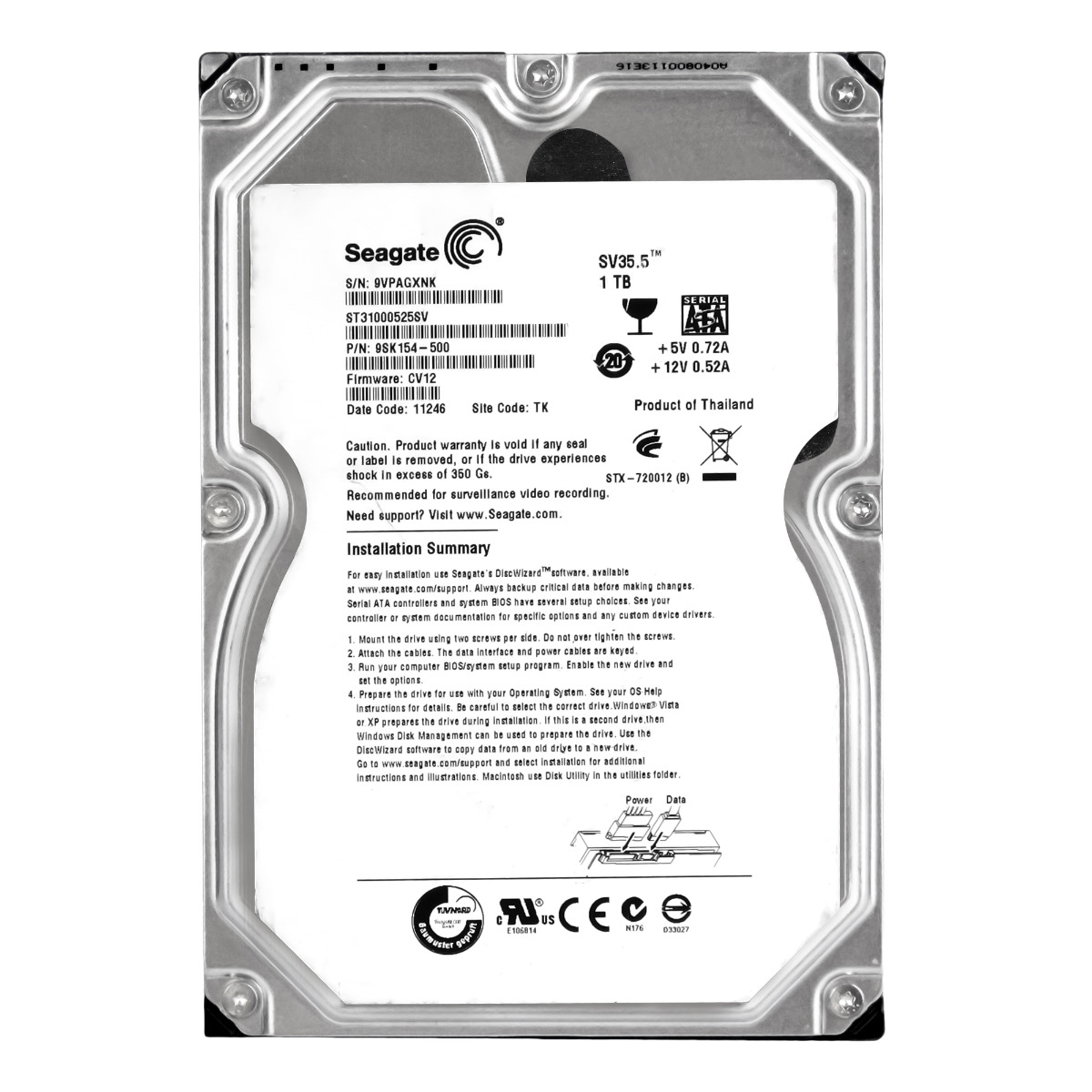 SEAGATE SV35.5 1 To 7 200 tr/min 32 Mo SATA II 3,5" ST31000525SV