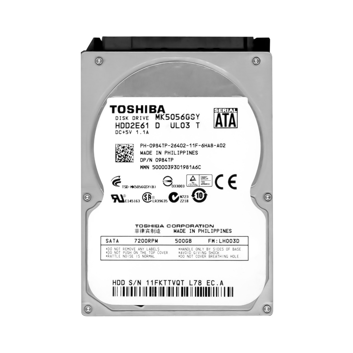 TOSHIBA 500 Go 7200 tr/min 16 Mo SATA II 2,5'' MK5056GSY