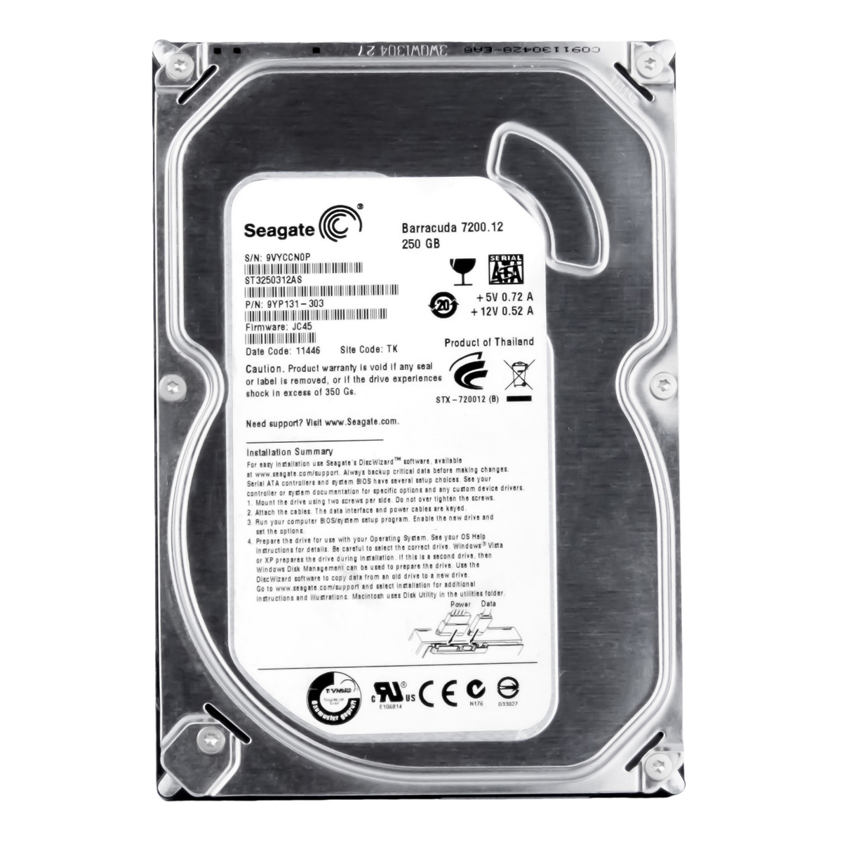SEAGATE BARRACUDA 7200.12 250 Go 7200 tr/min 8 Mo SATA III 3,5'' ST3250312AS