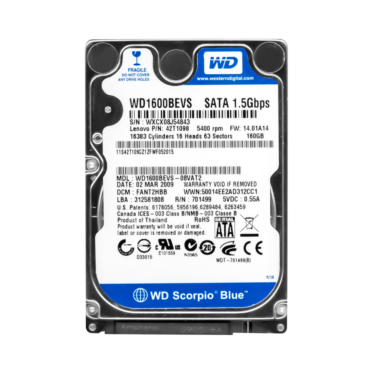 WD Scorpio Blue 160 Go SATA 5 400 tr/min 8 Mo 2,5'' WD1600BEVS
