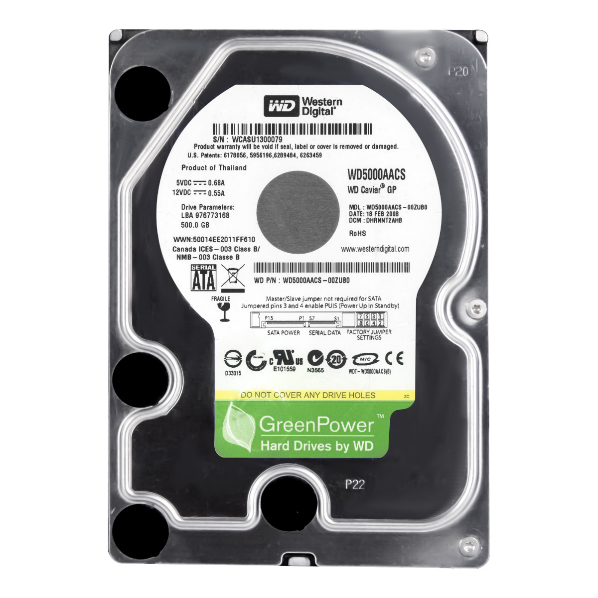 WD GREEN GP 500 Go 7.2K 16 Mo SATA II 3.5'' WD5000AACS
