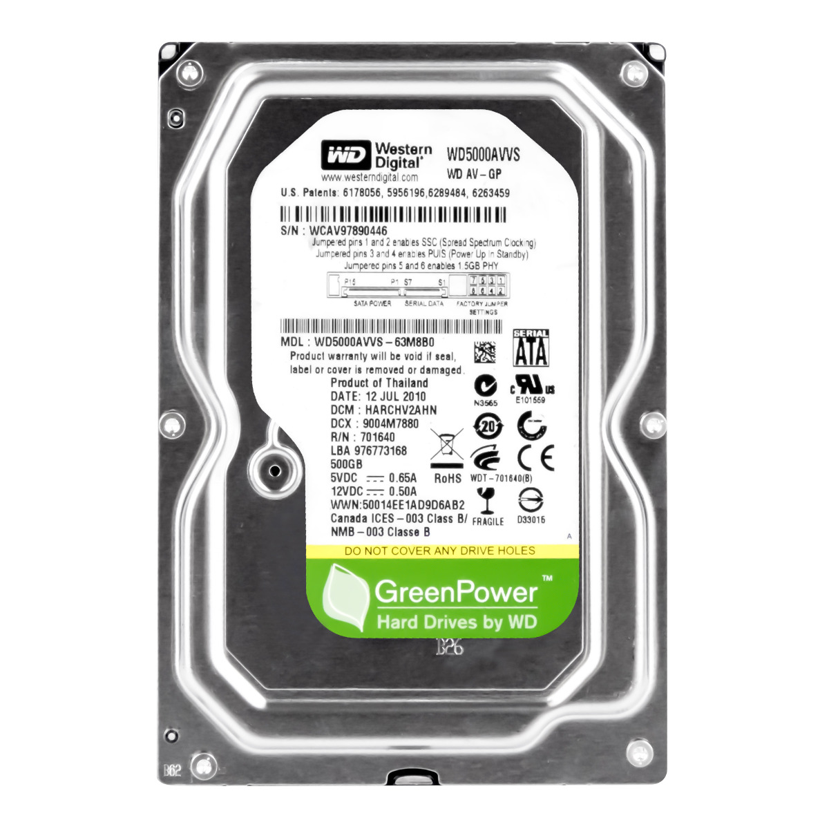 WD AV-GP 500 Go 5,4K 8 Mo SATA II 3,5'' WD5000AVVS
