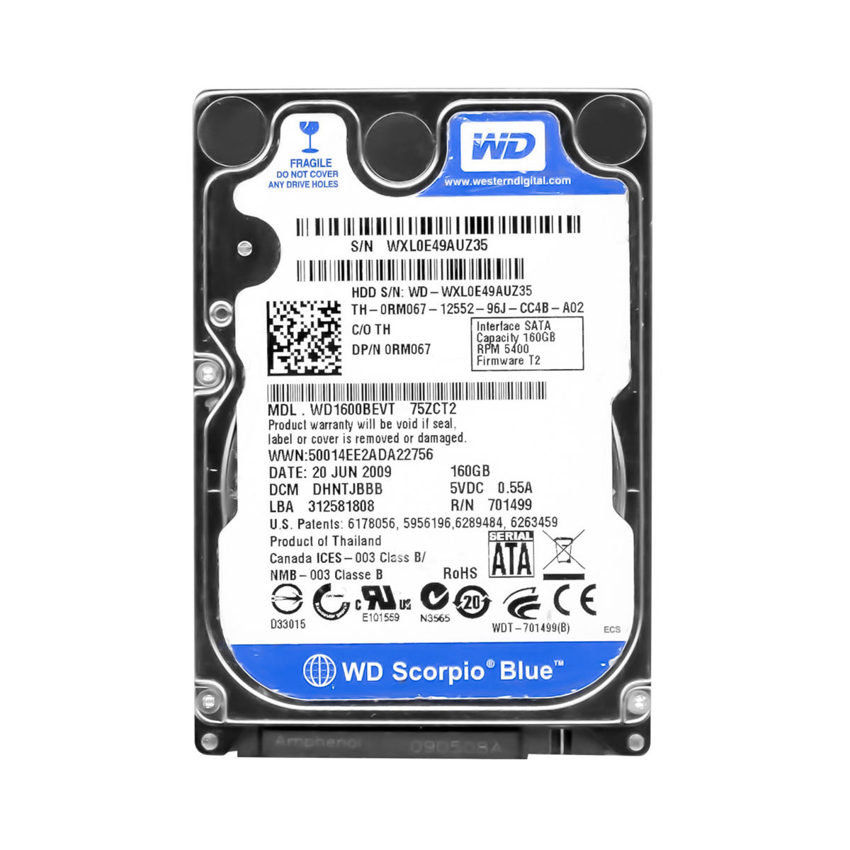 WD SCORPIO BLUE 160 Go 5,4K 8 Mo SATA II 2,5'' WD1600BEVT
