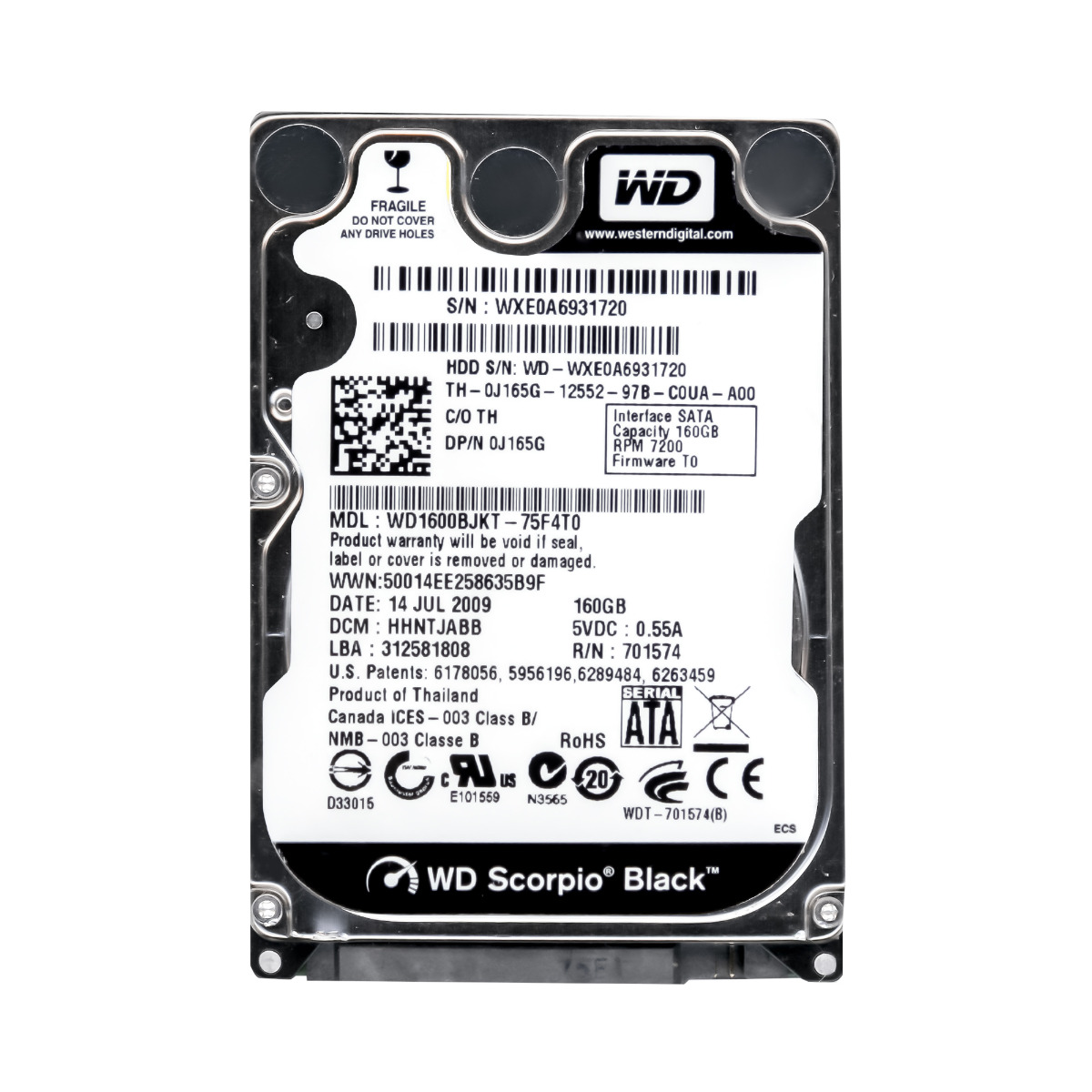 DELL 0J165G 160 Go 7,2K 16 Mo SATA II 2,5'' WD1600BJKT