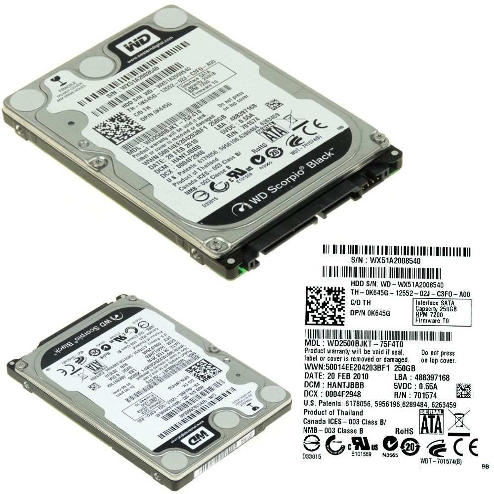 DELL 0K645G 250 Go SATA II 7,2K 16 Mo 2,5'' WD2500BJKT