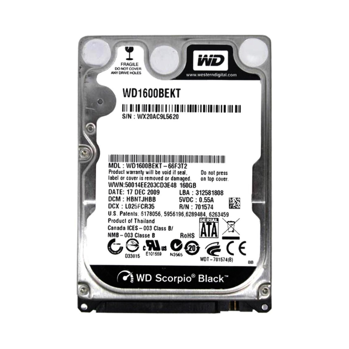 WD SCORPIO BLACK 160 Go 7,2K 16 Mo SATA II 2,5'' WD1600BEKT