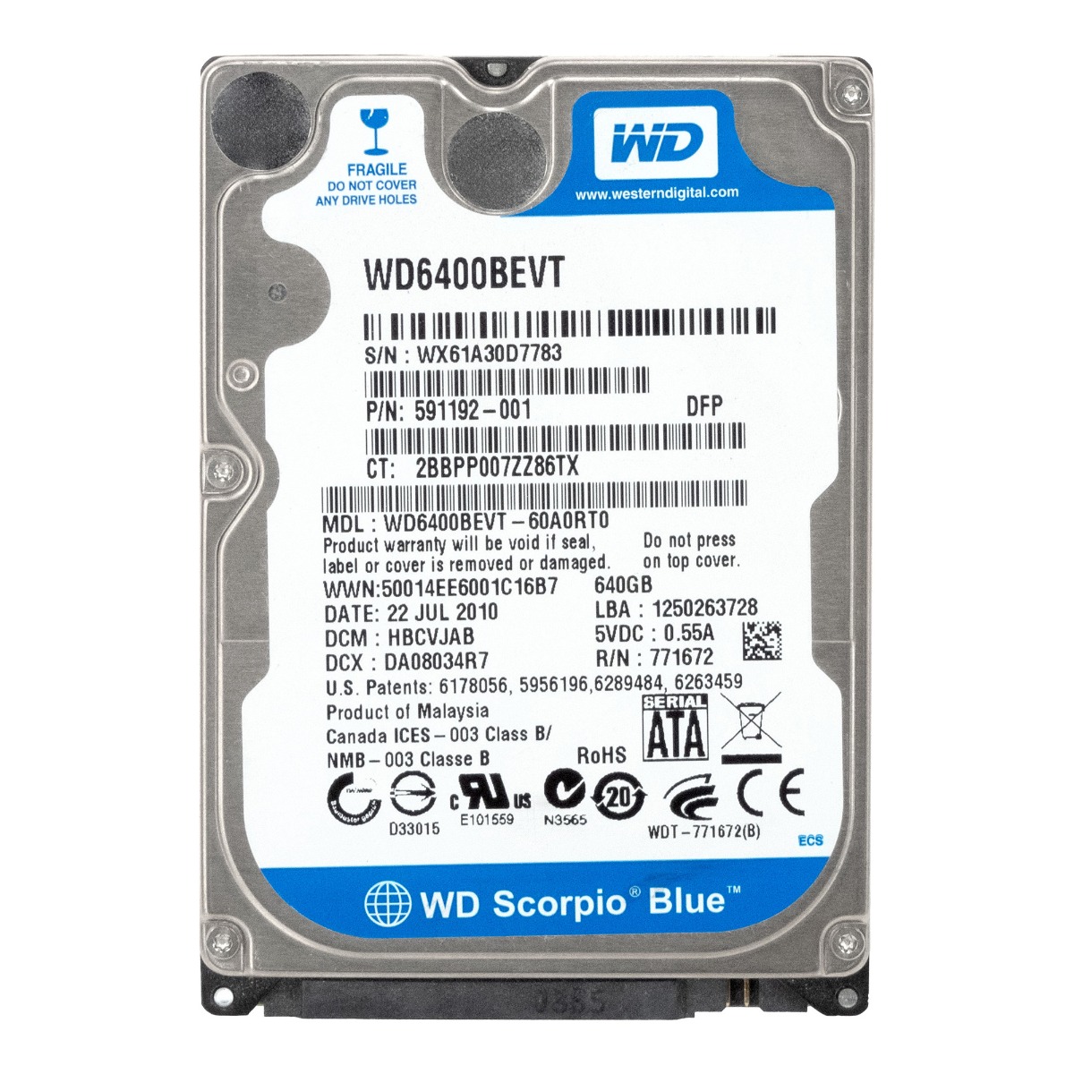 WD SCORPIO BLUE 640 Go 5,4K 8 Mo SATA II 2,5'' WD6400BEVT