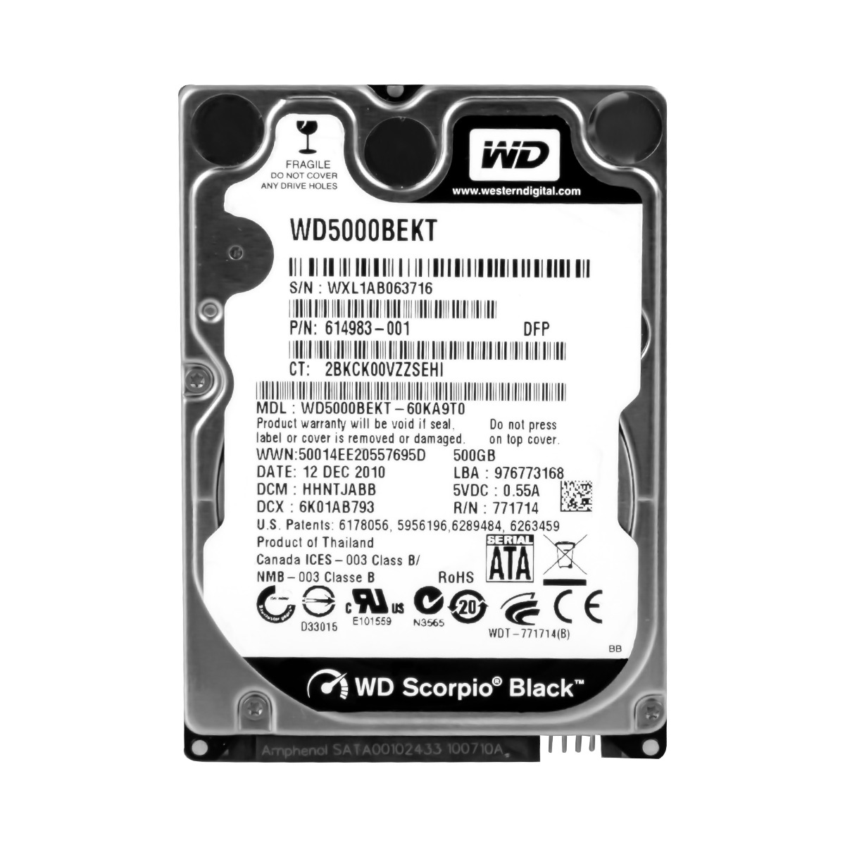 WD SCORPIO BLACK 500 Go 7.2K 16 Mo SATA II 2.5'' WD5000BEKT