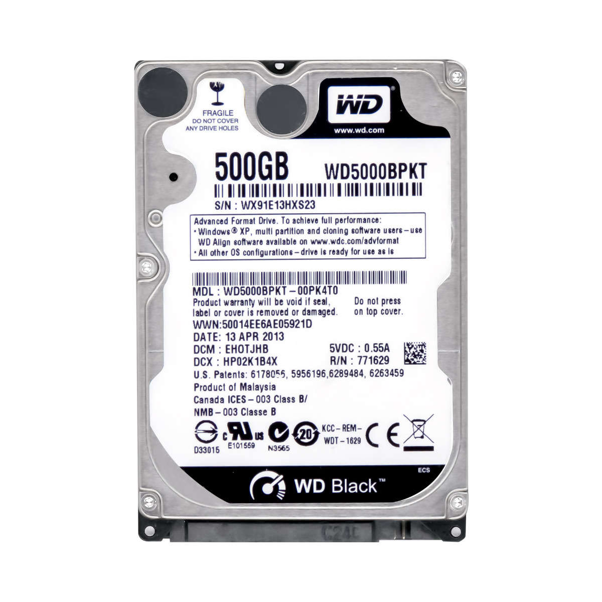 WD BLACK 500 Go 7 200 tr/min 16 Mo SATA II 2,5'' WD5000BPKT