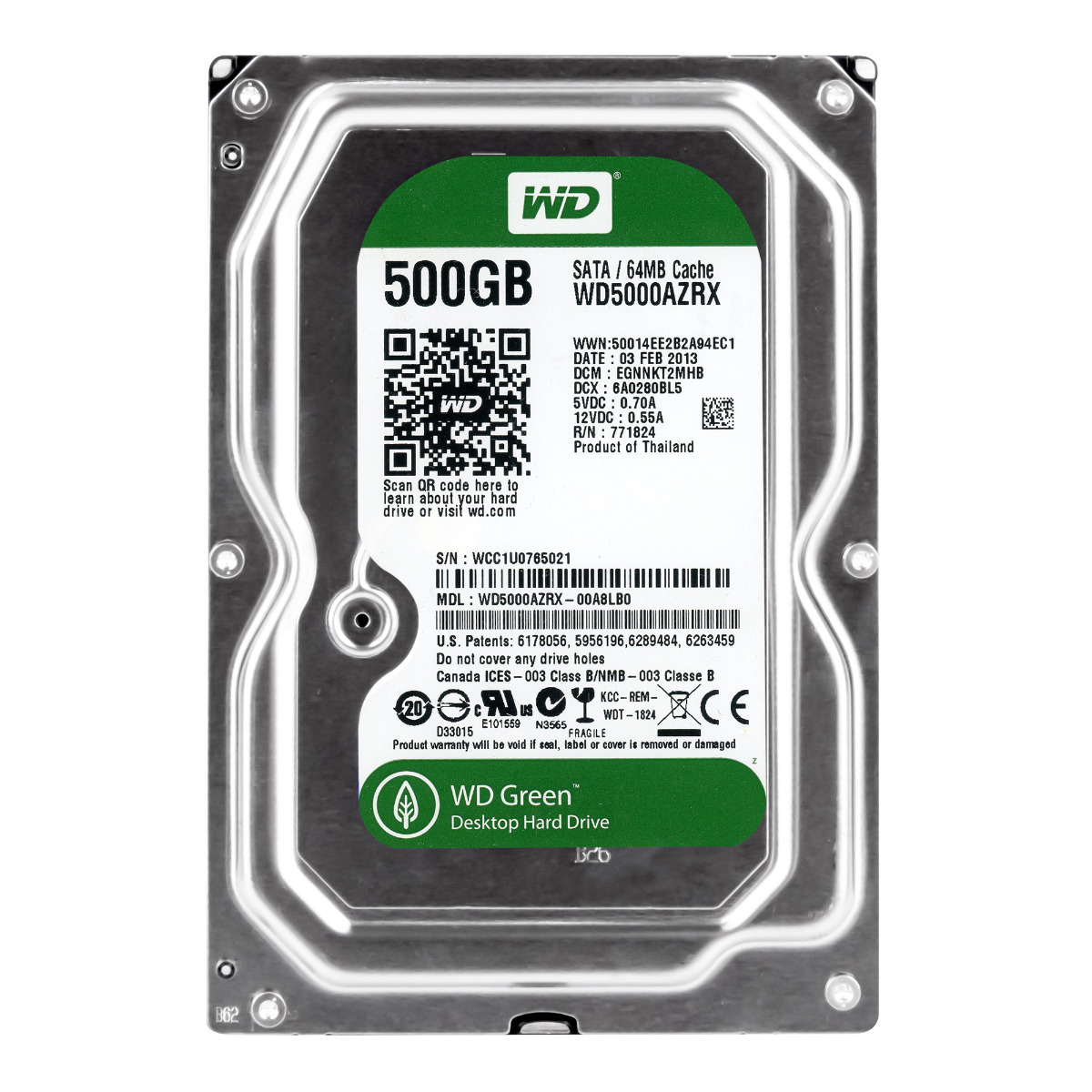 WD GREEN 500 Go 5 400 tr/min 64 Mo SATA III 3,5'' WD5000AZRX