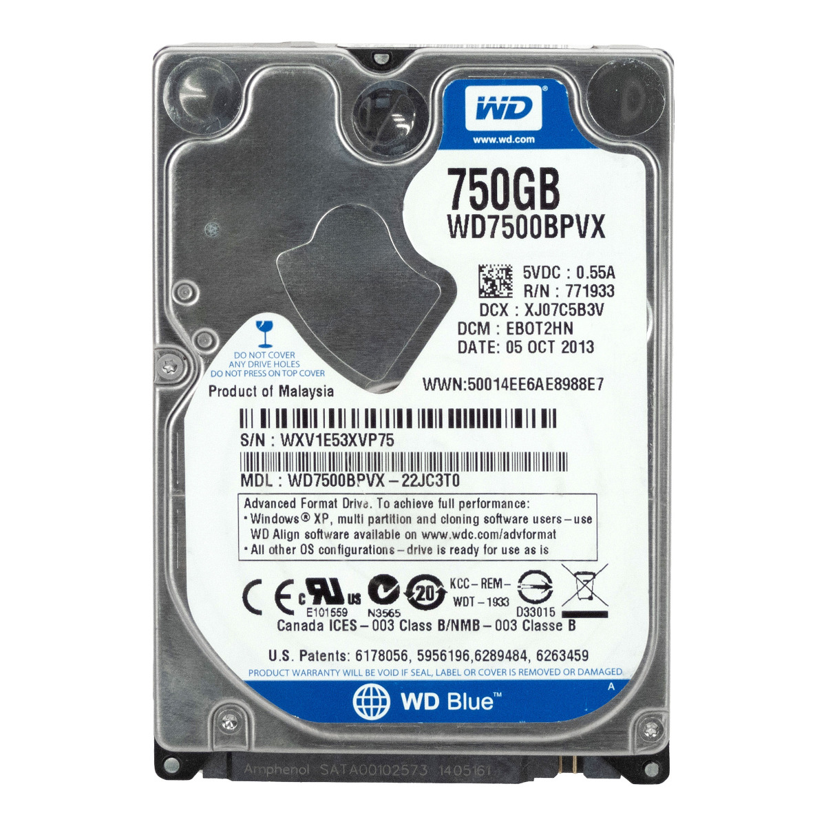 WD BLUE 750 Go 5 400 tr/min 8 Mo SATA III 2,5'' WD7500BPVX