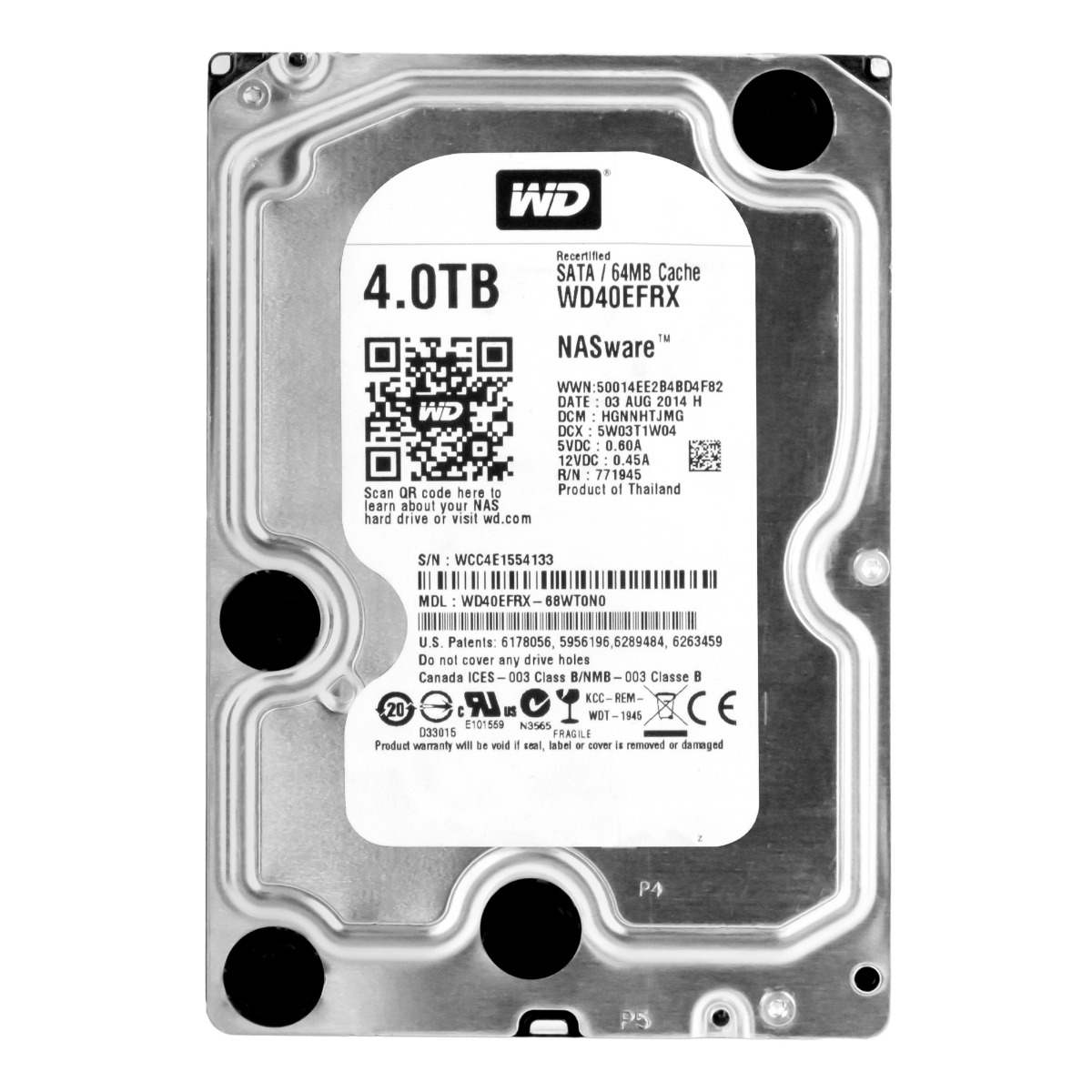WD RED 4TB 5400 tr/min 64MB SATA III 3,5'' WD40EFRX NASware 1.0 Reconditionné