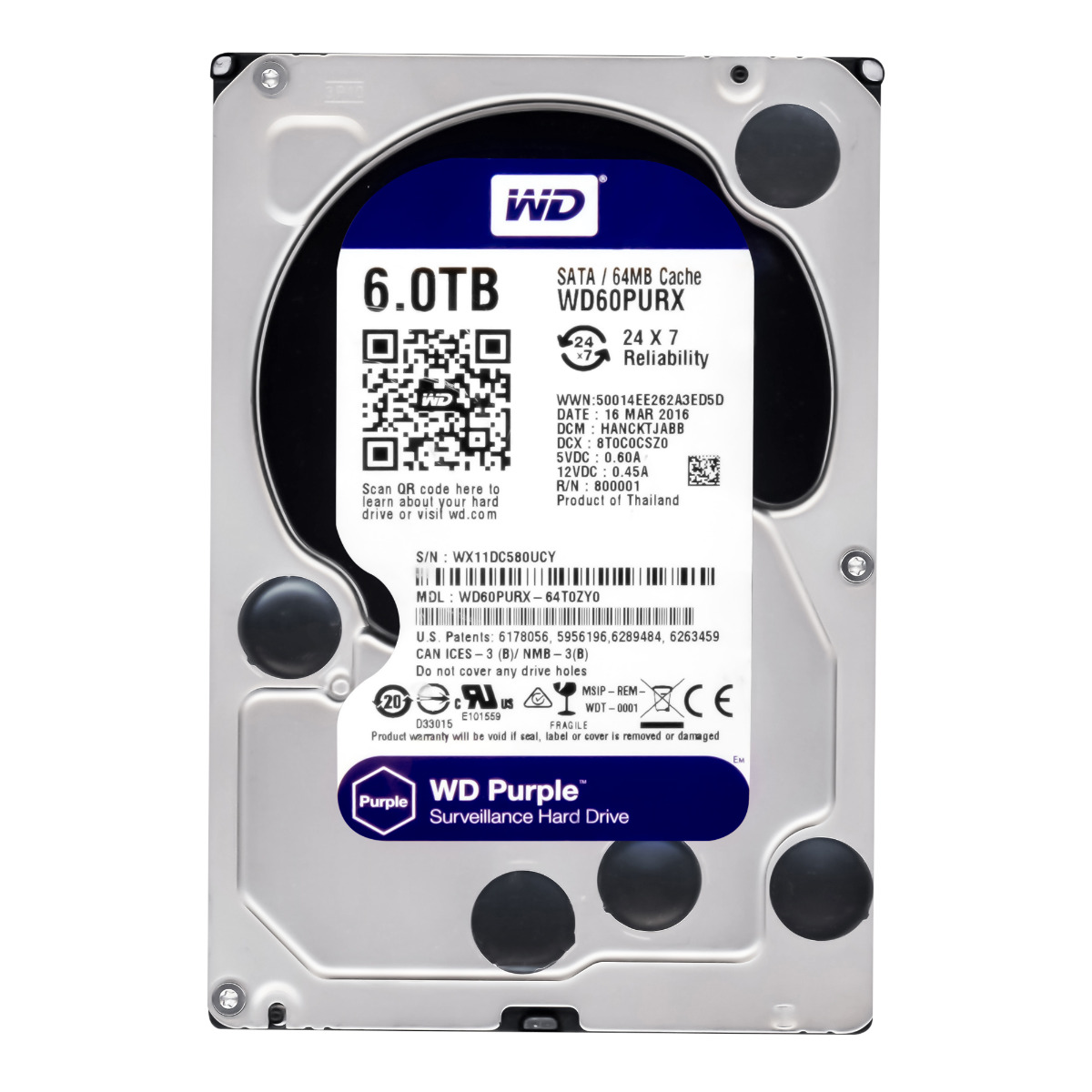 Disque dur interne WD Purple 6 To 5400 tr/min 64 Mo SATA III 3,5" WD60PURX