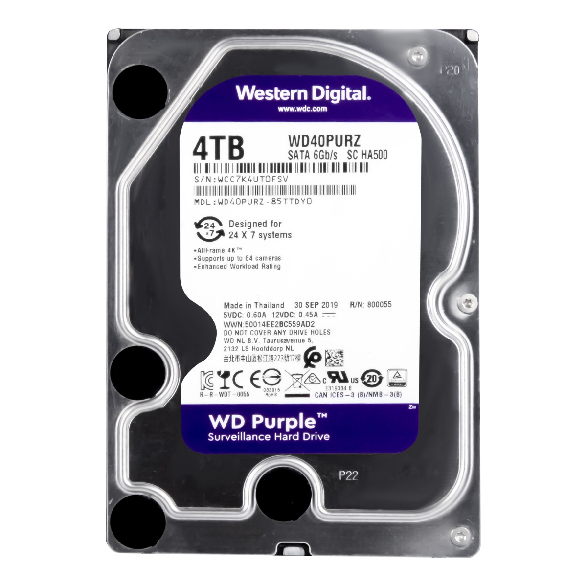 WD Purple 4TB 5400 tr/min 64 Mo SATA III 3,5'' WD40PURZ