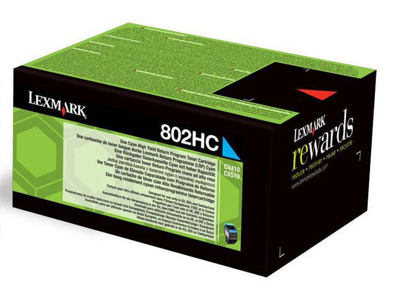 Cartouche de toner cyan haute capacité Lexmark Original 802HC 3 000 pages (80C2HC0) pour CX410e/de/dte, CX510de/dhe/dthe