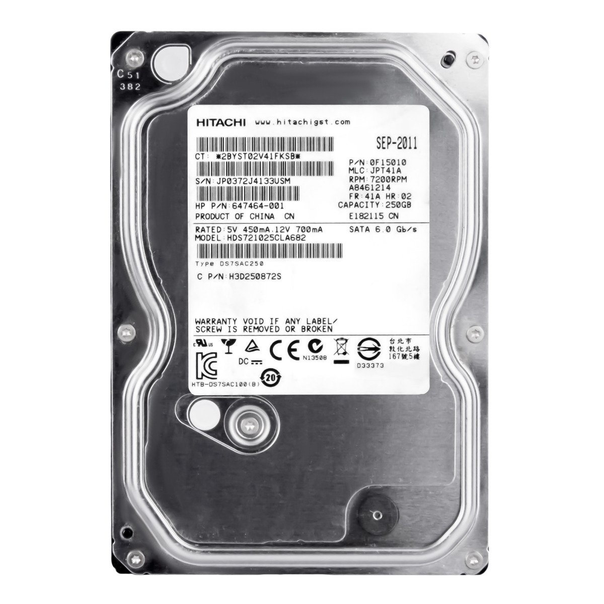 HP 647464-001 250 Go 7 200 tr/min 8 Mo SATA III 3,5'' HDS721025CLA682