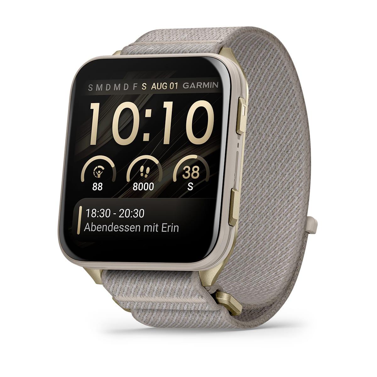 Montre connectée Garmin Venu® X1 Or doux avec dos en titane et bracelet Nylon ComfortFit Gris français