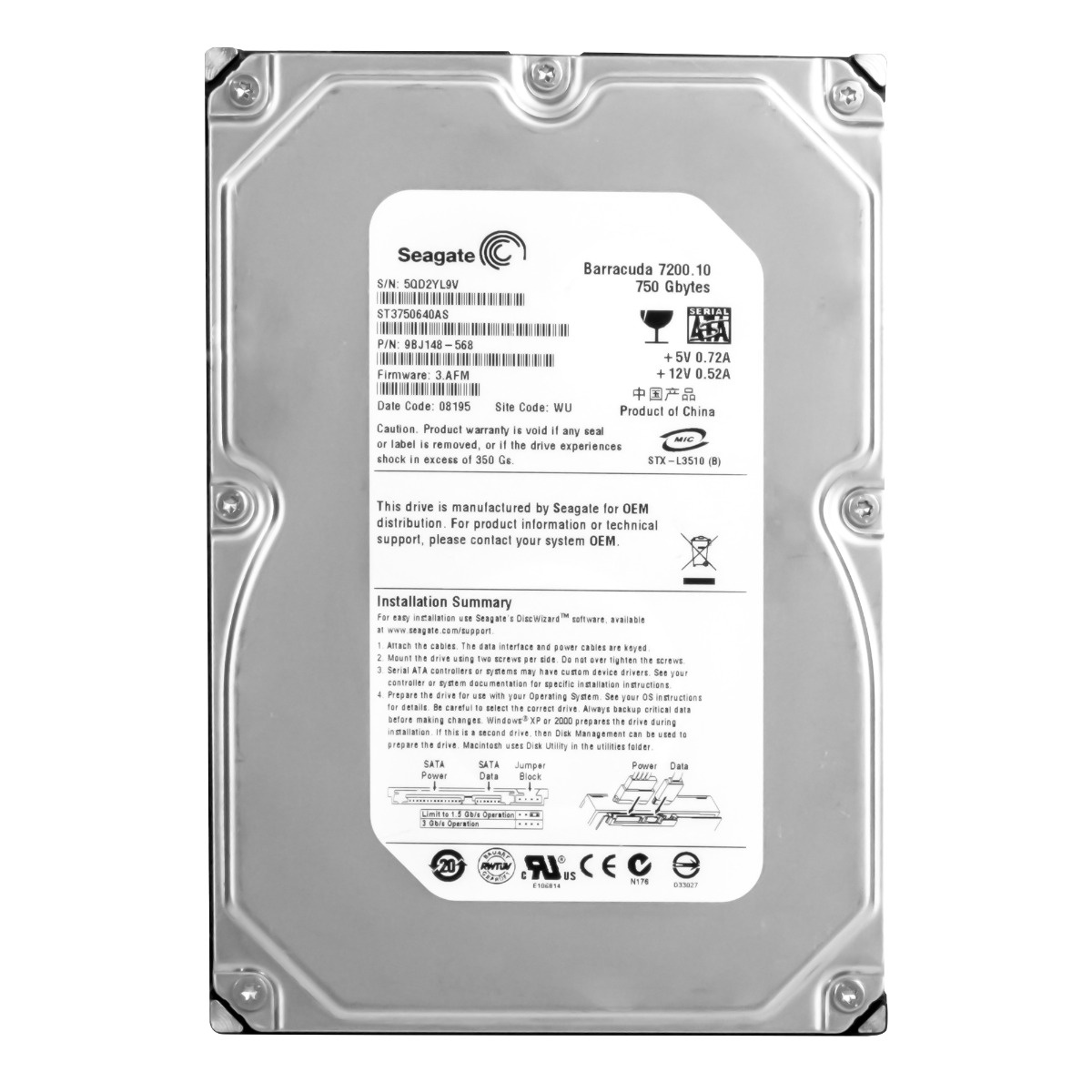 SEAGATE BARRACUDA 7200.10 750 Go 7,2K 16 Mo SATA II 3,5'' ST3750640AS