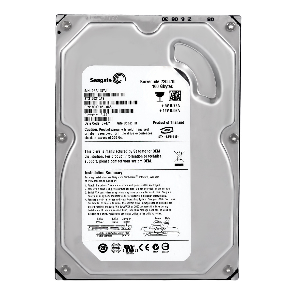 SEAGATE BARRACUDA 7200.10 160 Go 7,2K 2 Mo SATA II 3,5'' ST3160215AS
