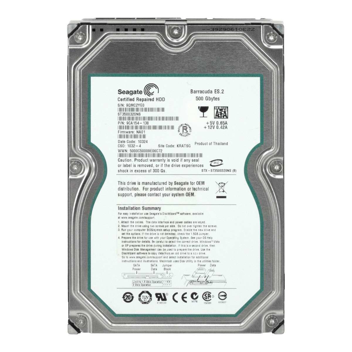 SEAGATE BARRACUDA ES.2 500 Go SATA II 7,2K 32 Mo 3,5'' ST3500320NS