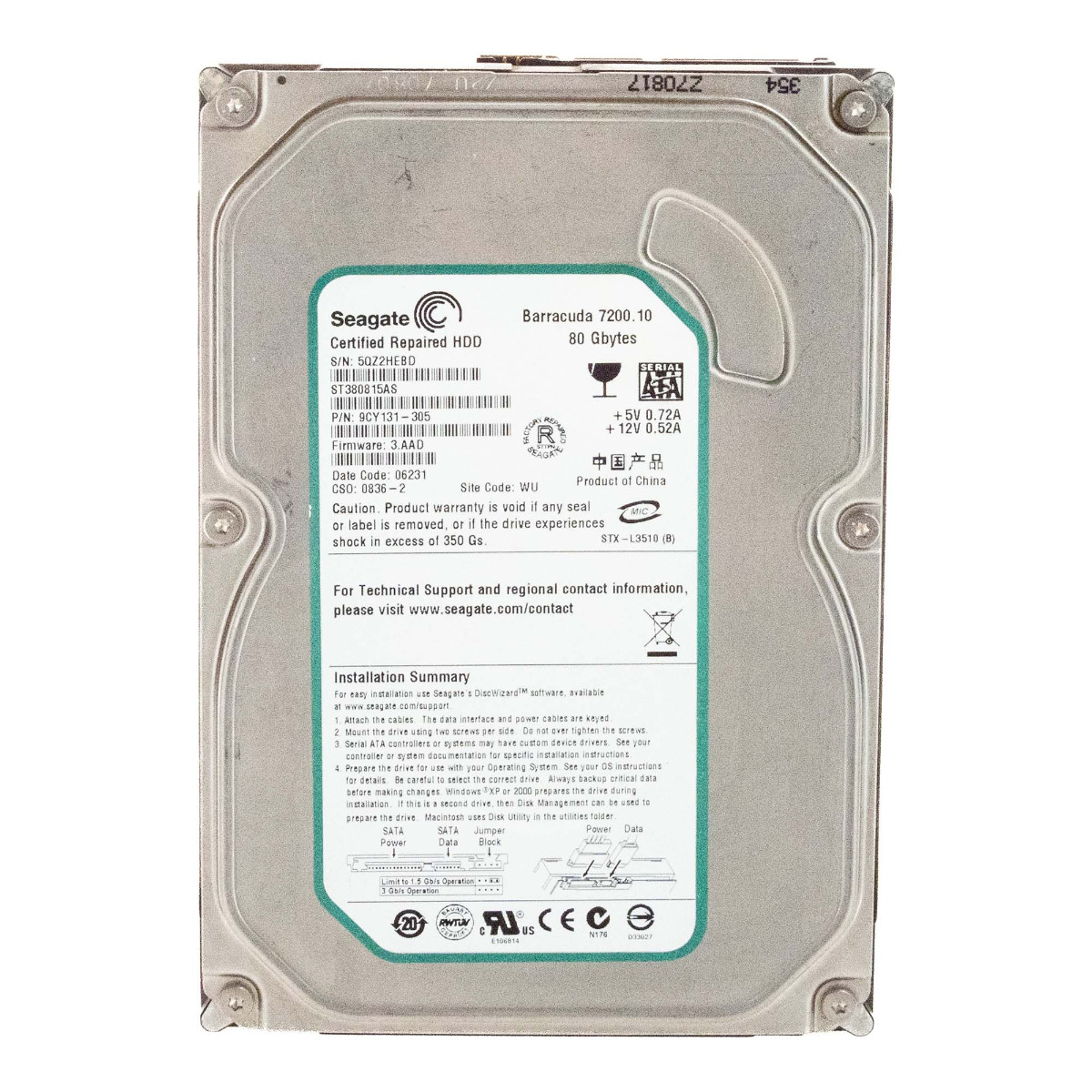 SEAGATE BARRACUDA 7200.10 80 Go 7,2K 8 Mo SATA II 3,5'' ST380815AS