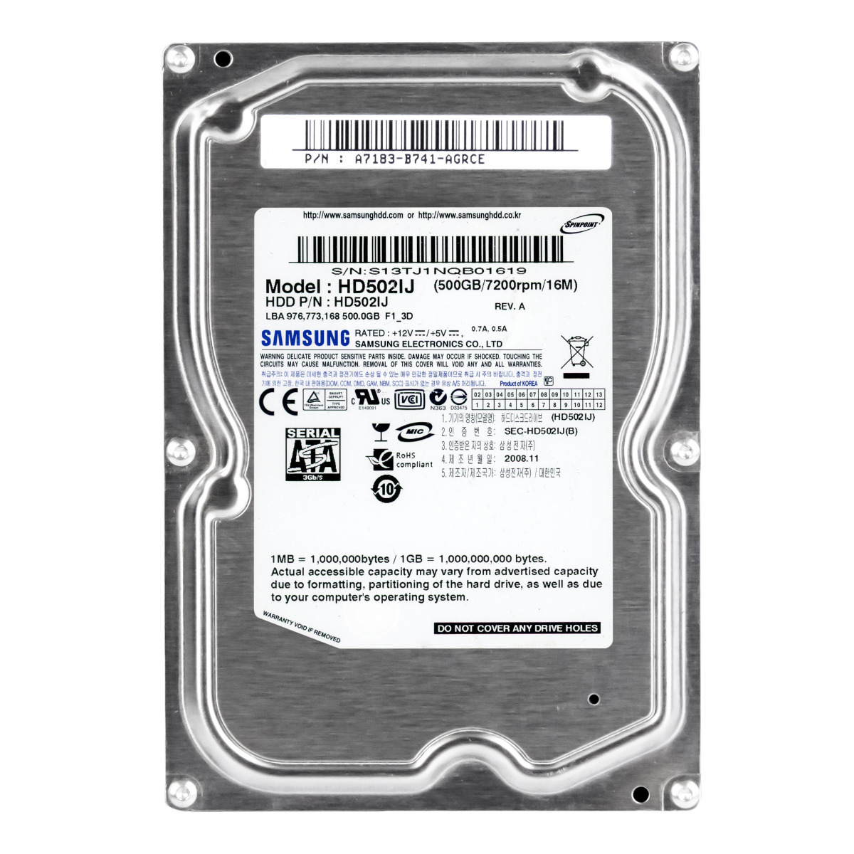 Disque dur Samsung SpinPoint F1 500 Go SATA II 7 200 tr/min 16 Mo 3,5'' HD502IJ