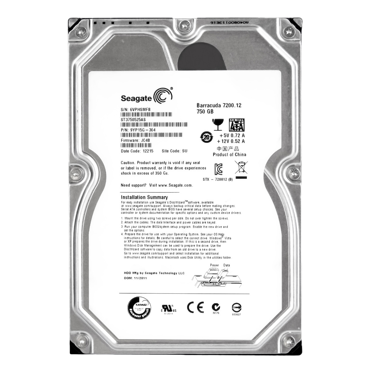 SEAGATE BARRACUDA 7200.12 750 Go 7 200 tr/min 32 Mo SATA III 3,5" ST3750525AS