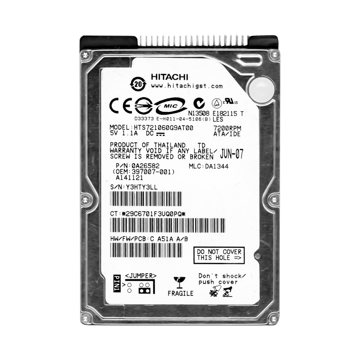 HITACHI TravelStar 7K100 60 Go 7 200 tr/min 8 Mo ATA 2,5" HTS721060G9AT00