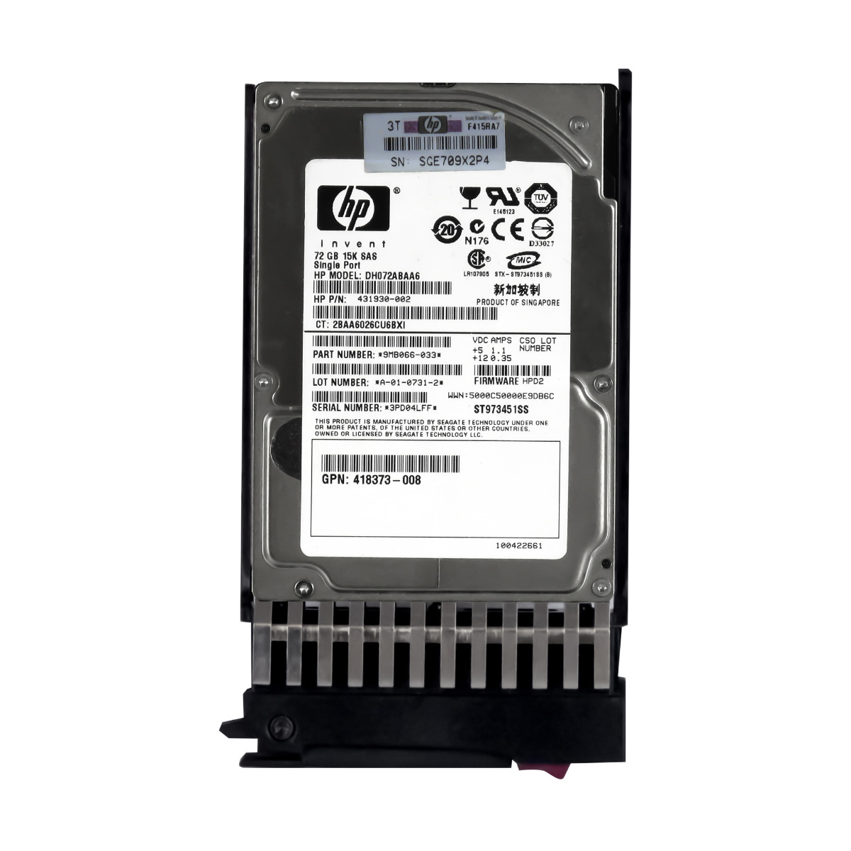 HP 431930-002 / 432321-001 72 Go 15 000 tr/min 16 Mo SAS 2,5'' DH072ABAA6