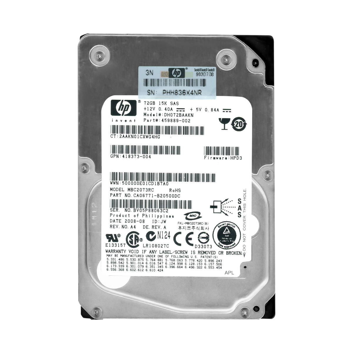 HP 459889-002 72 Go 15 000 tr/min 16 Mo SAS 2,5'' DH072BAAKN MBC2073RC