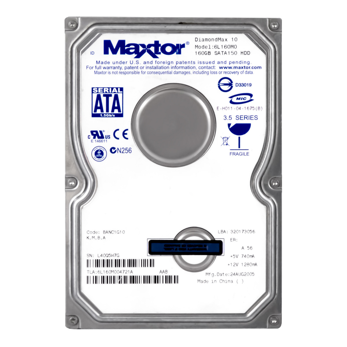 MAXTOR DiamondMax 10 160 Go 7 200 tr/min 8 Mo SATA 3,5'' 6L160M0
