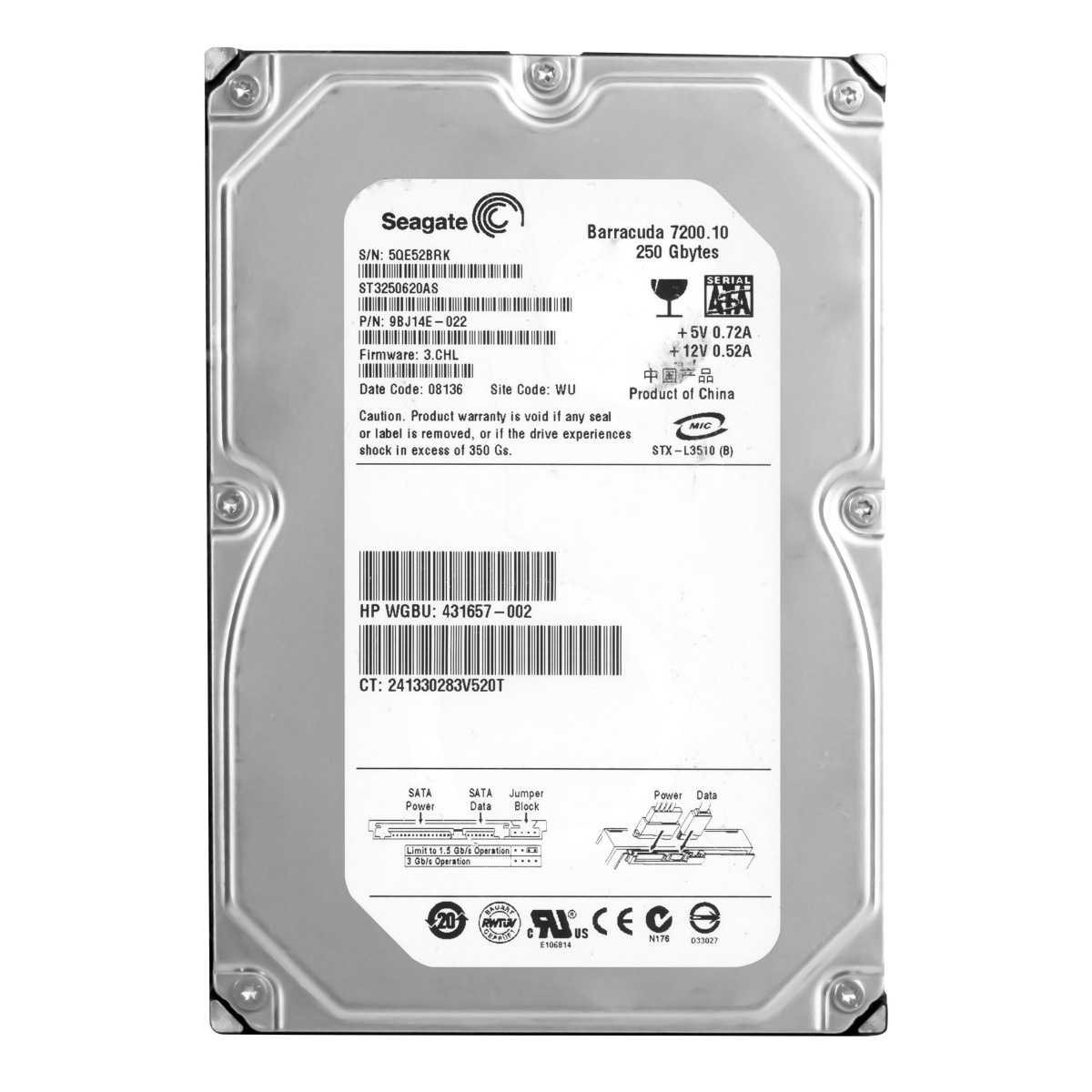 HP 431657-002 250 Go 7,2K 16 Mo SATA II 3,5'' ST3250620AS