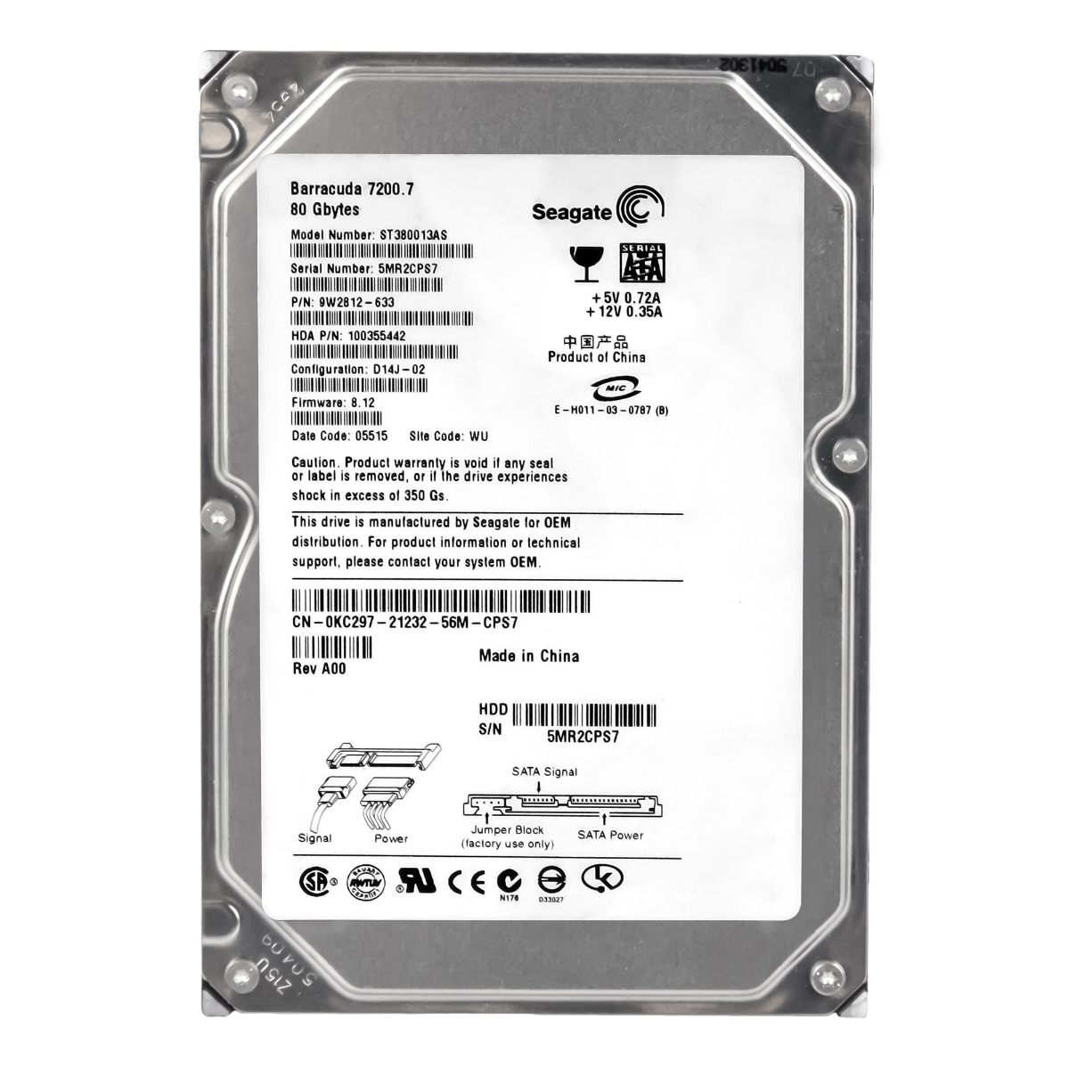 DELL 0KC297 DISQUE DUR 80 Go 7.2K 8 Mo SATA 3,5'' ST380013AS