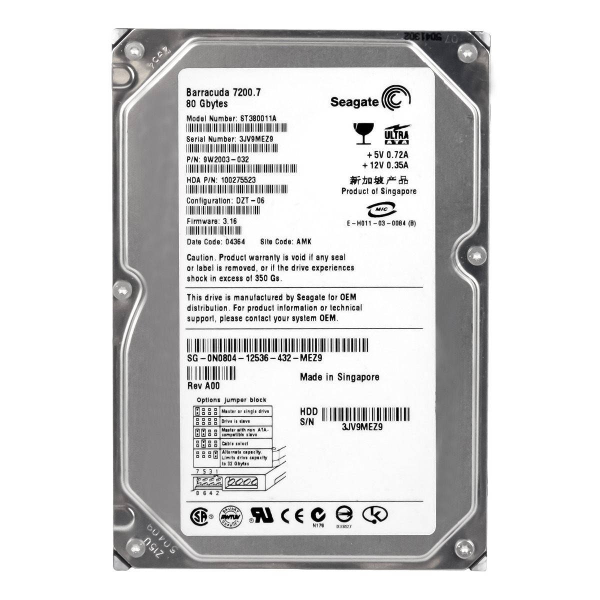 DELL 0N0804 DISQUE DUR 80 Go 7.2K 2 Mo ATA 3,5'' ST380011A